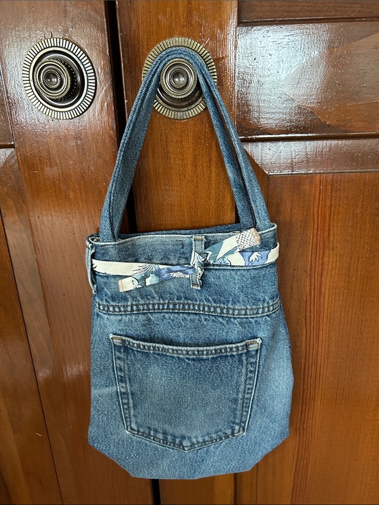 Handbags - Denim Bag with Floral Accent - Blue